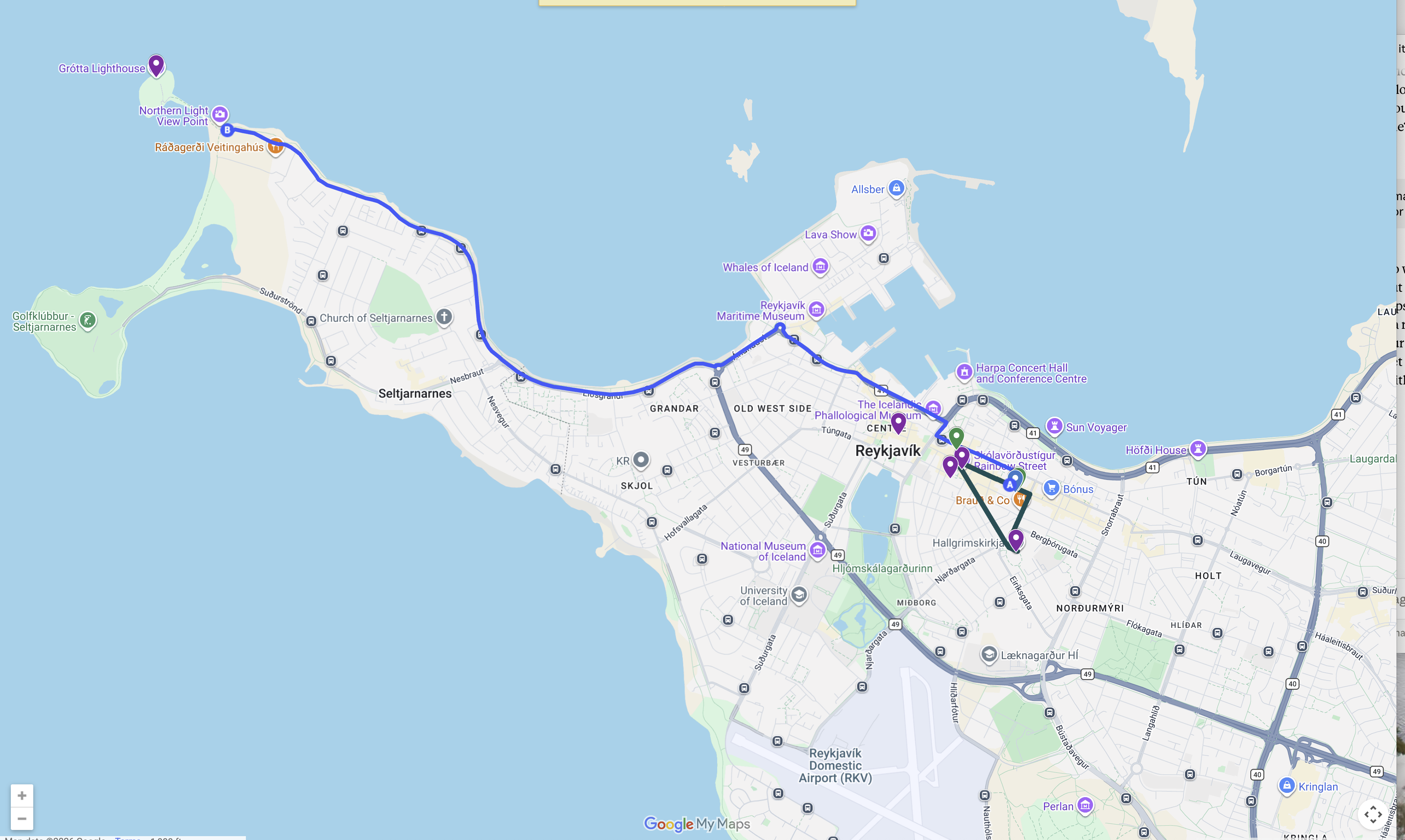 Day 1 map — Grótta and downtown Reykjavík