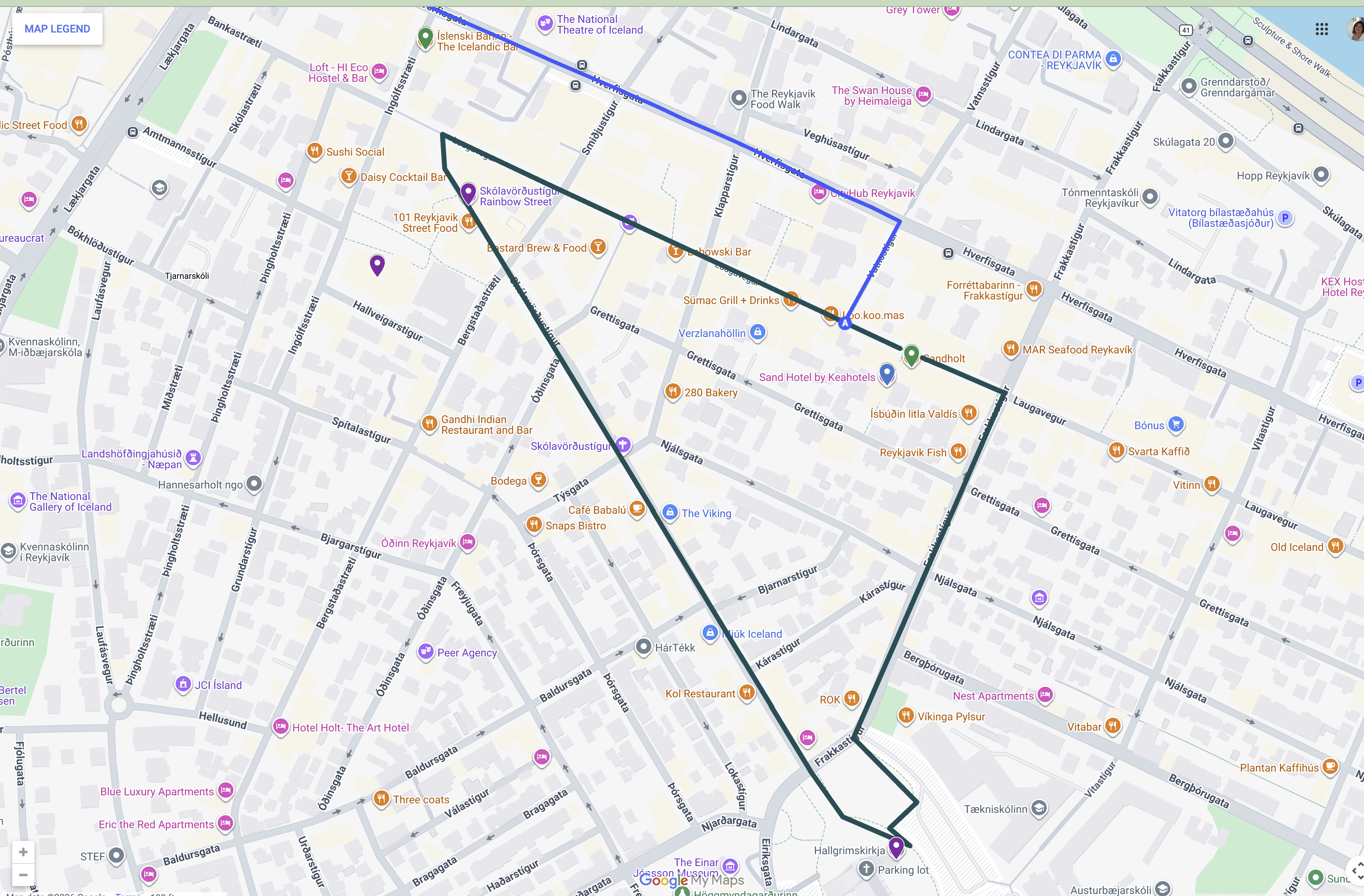 Day 1 map — downtown walking loop detail