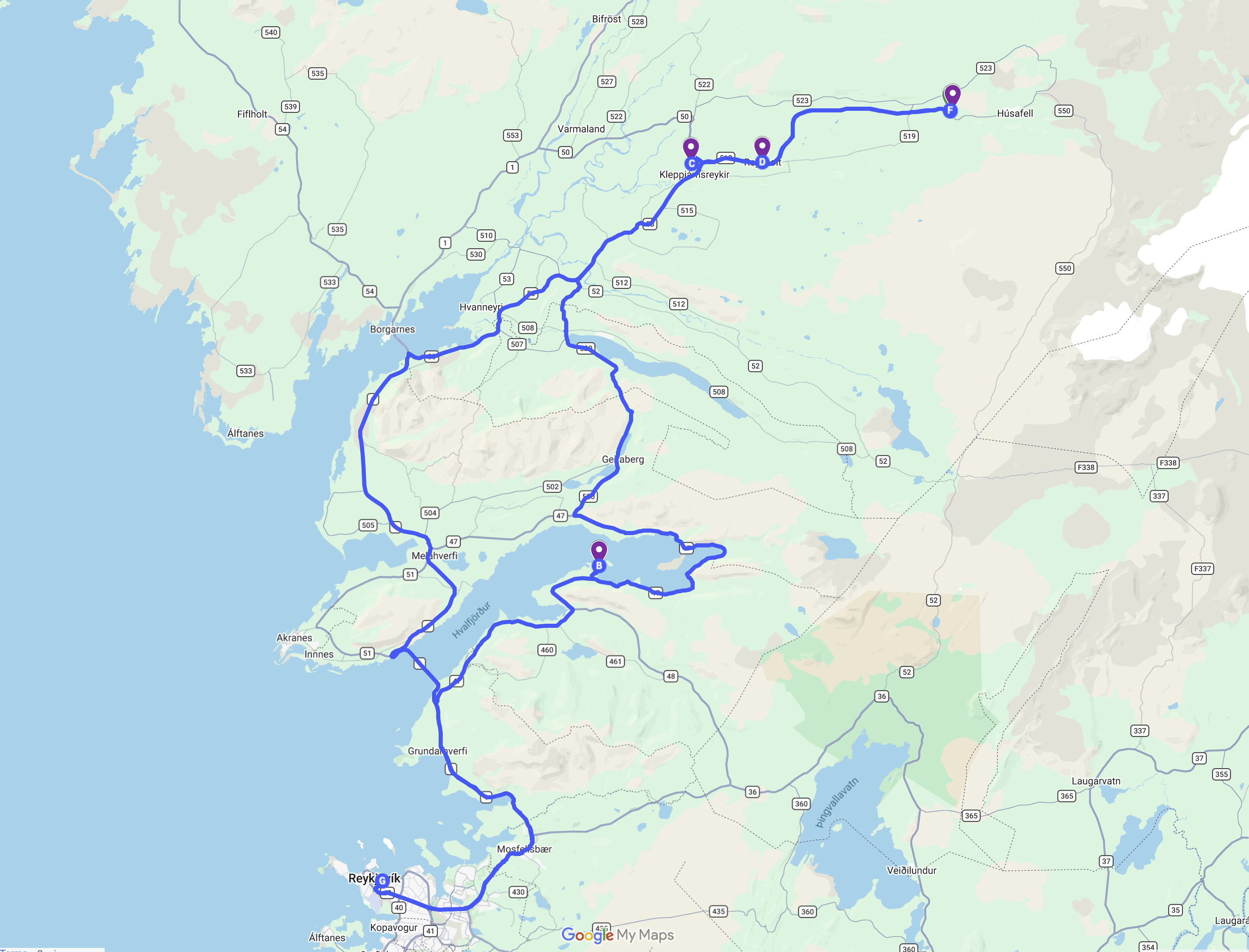 Day 2 map — West Iceland loop through Hvalfjörður and Borgarfjörður