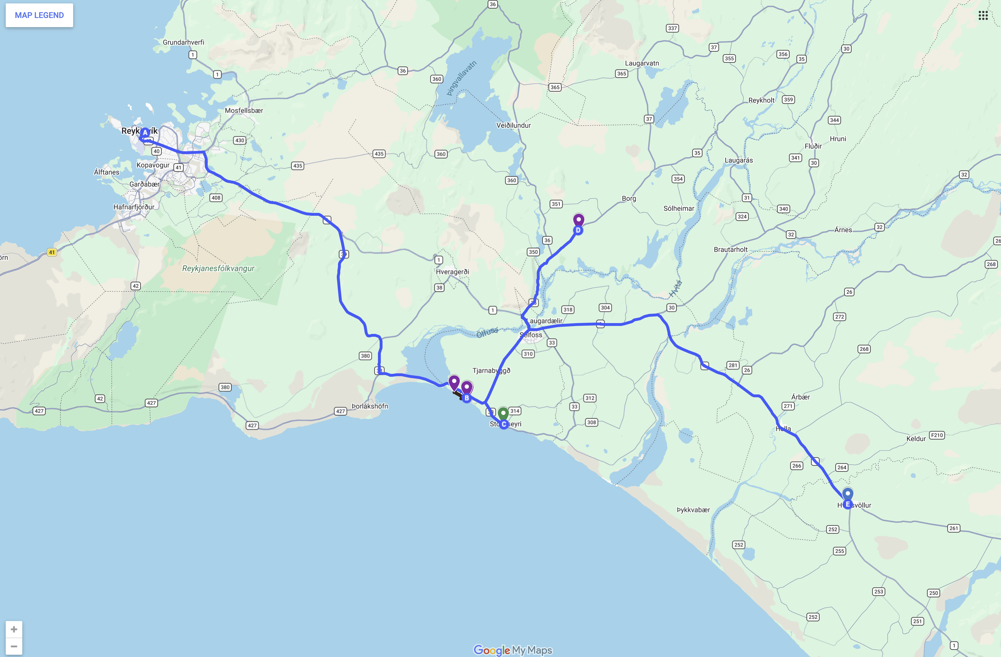 Day 3 map — Reykjavík to Eyrarbakki, Stokkseyri, Hvolsvöllur