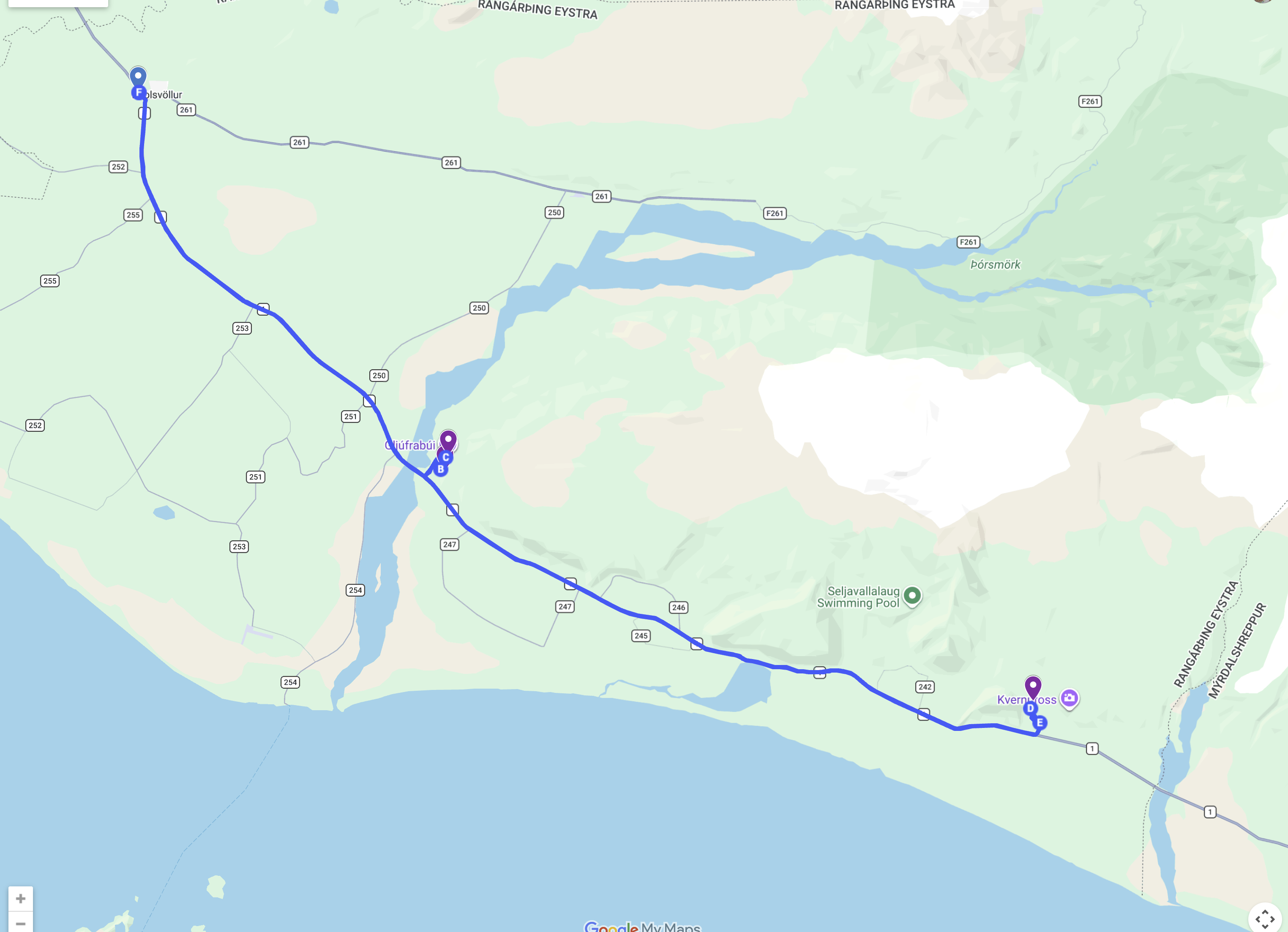 Day 4 map — Hvolsvöllur to Gljúfrabúi and Kvernufoss area