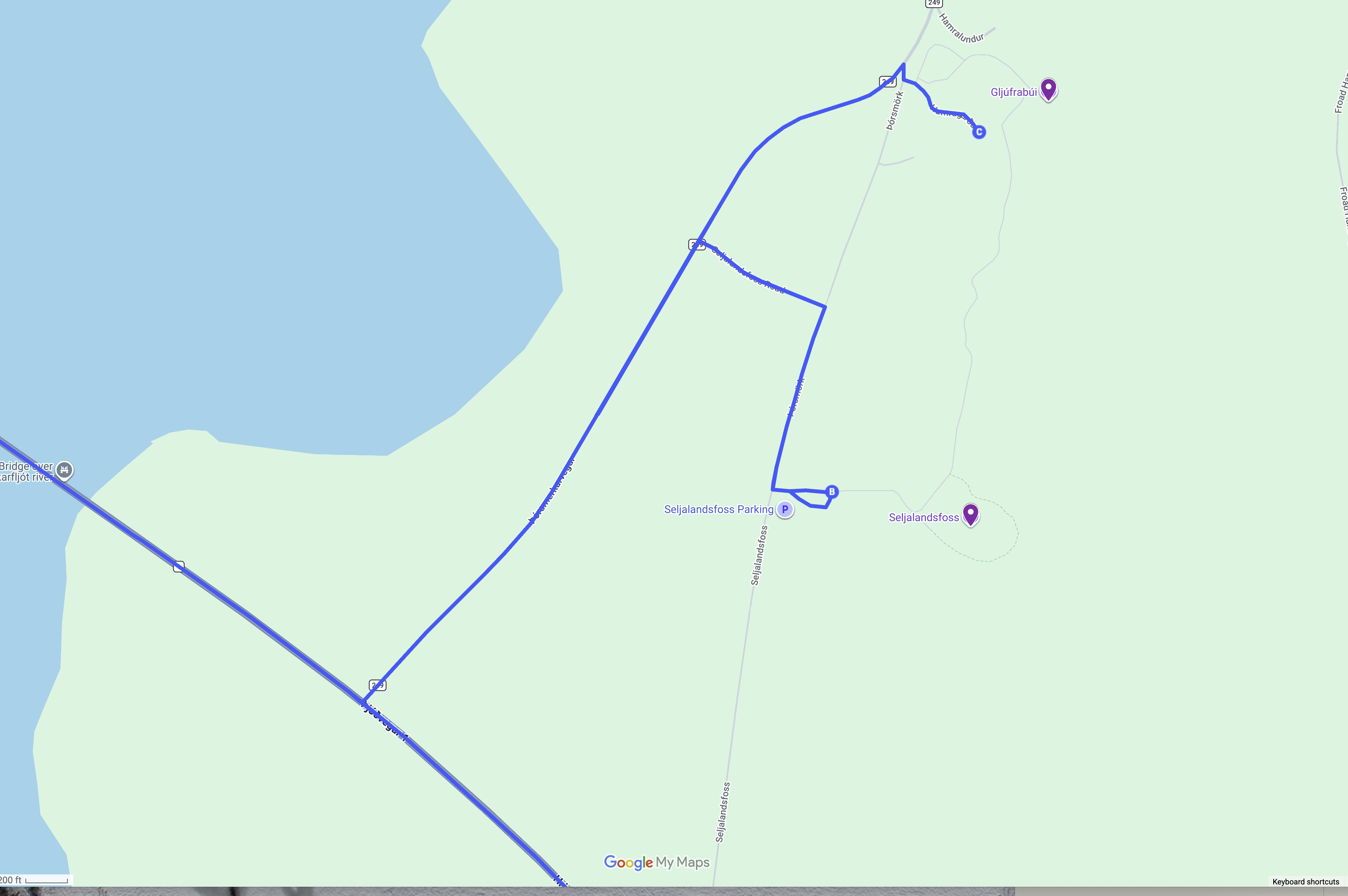 Day 4 map — Seljalandsfoss and Gljúfrabúi detail