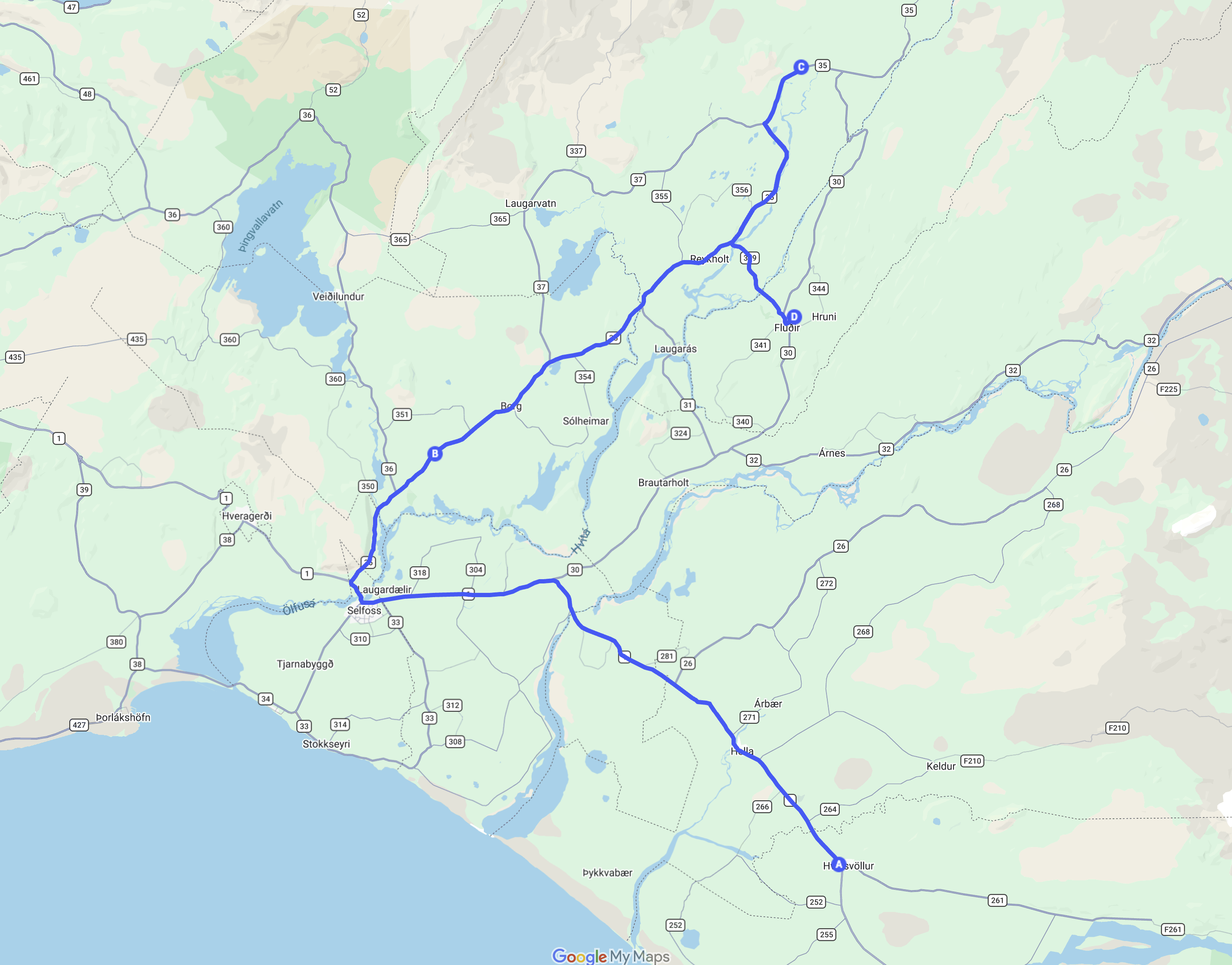 Day 5 map — Hvolsvöllur to Reykholt/Flúðir area loop