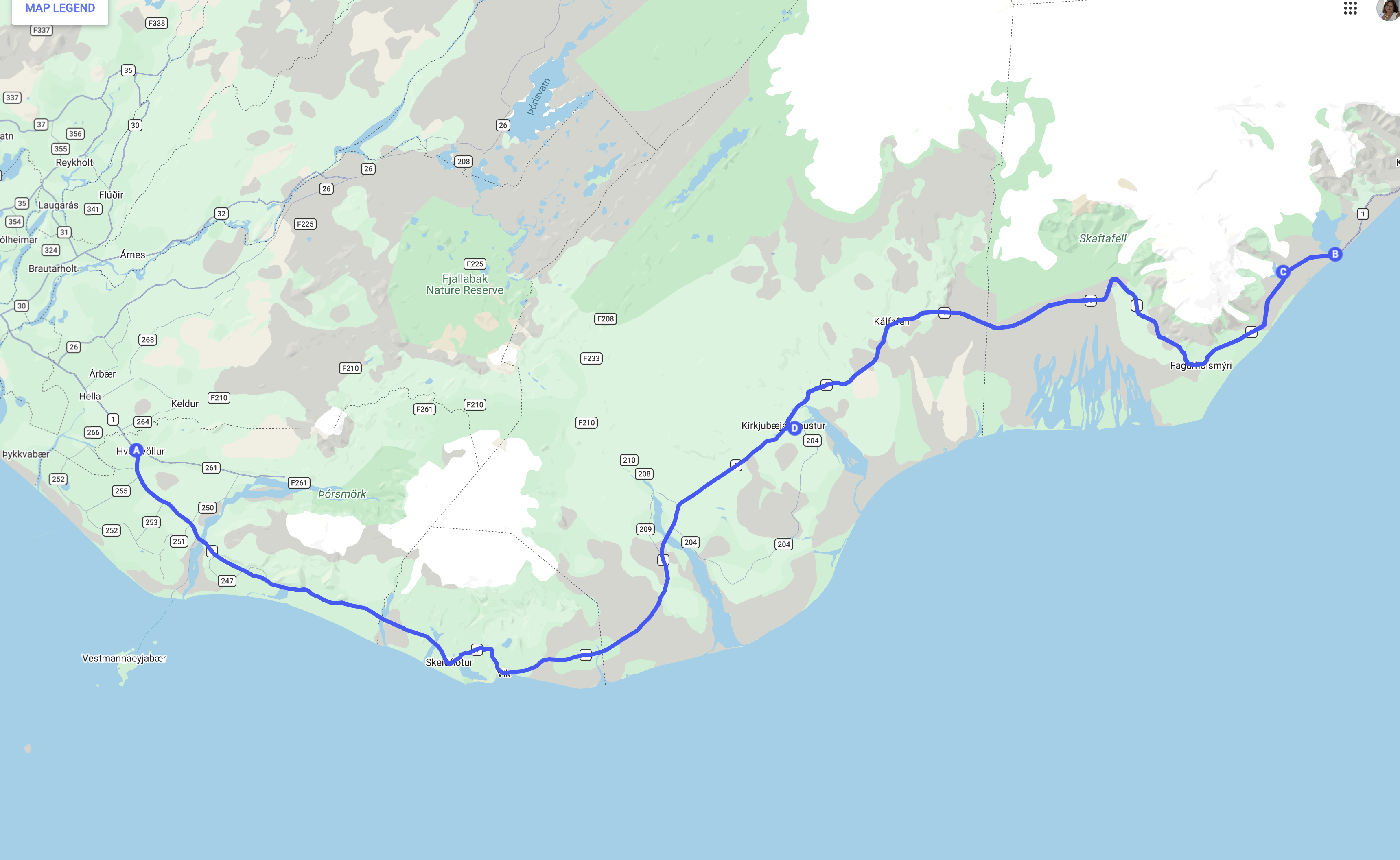 Day 6 map — Hvolsvöllur to Kirkjubæjarklaustur and Jökulsárlón area