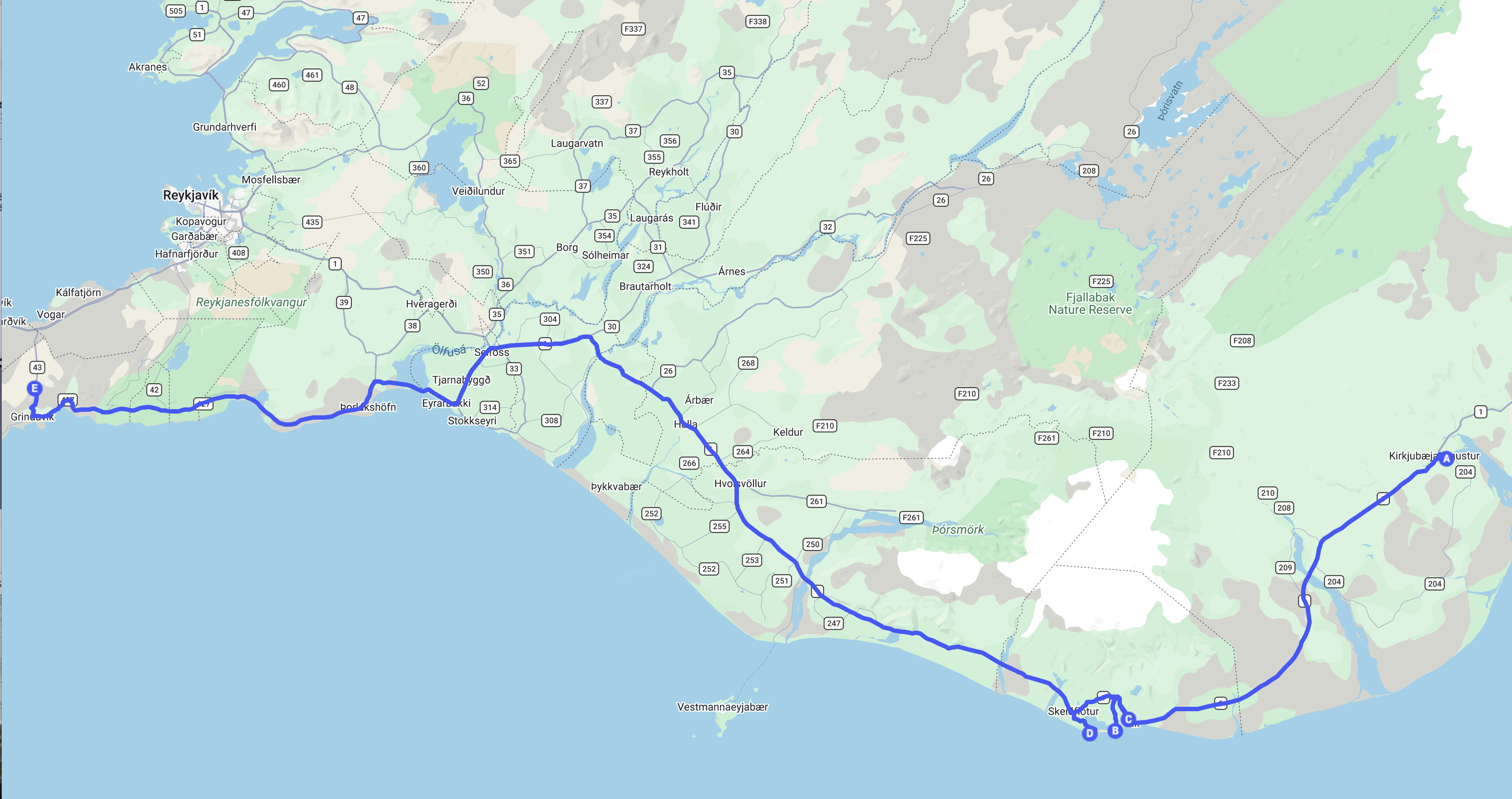 Day 7 map — Kirkjubæjarklaustur to Vík to Grindavík overview