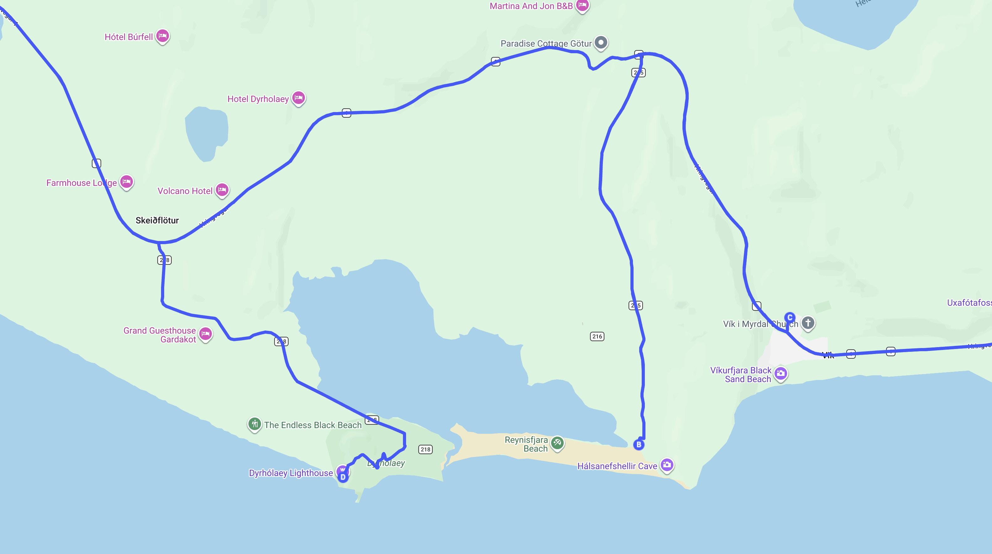 Day 7 map — Reynisfjara and Dyrhólaey detail
